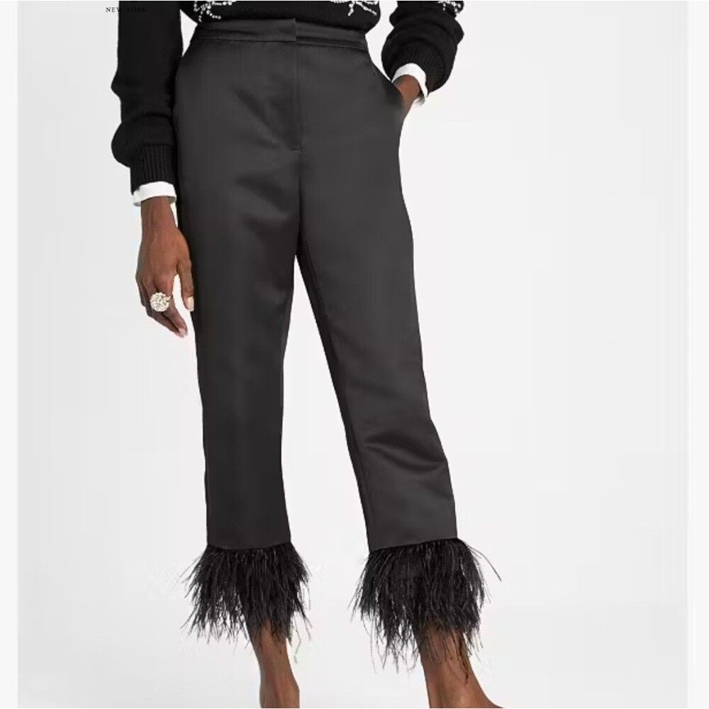Kate Spade Satin Ostrich Feather Trim Pants Black Cropped Trouser Size 10 NWOT